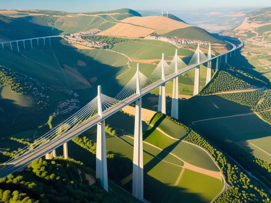 Vista aérea del impresionante Viaducto de Millau al atardecer, revelando su elegante diseño estructural