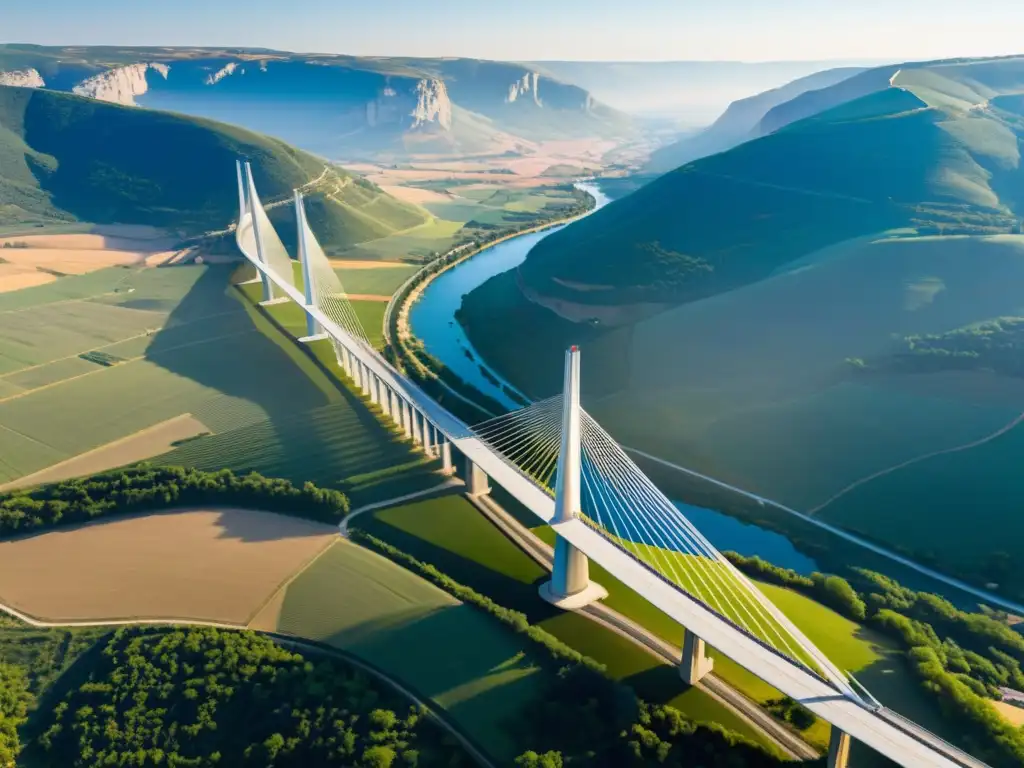 Vista aérea del impresionante Viaducto de Millau en Francia, destacando su elegante curva sobre el pintoresco Valle del Tarn