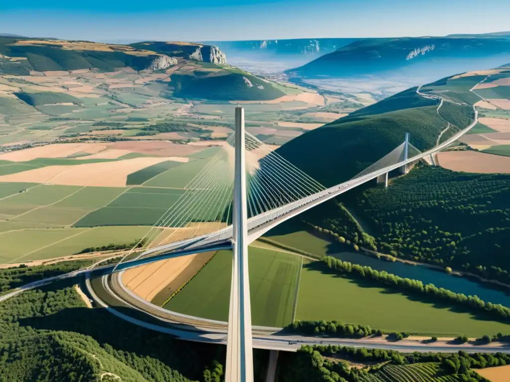 Vista aérea del impresionante Viaducto de Millau en Francia, mostrando su elegante arquitectura y majestuosidad sobre el valle del Tarn