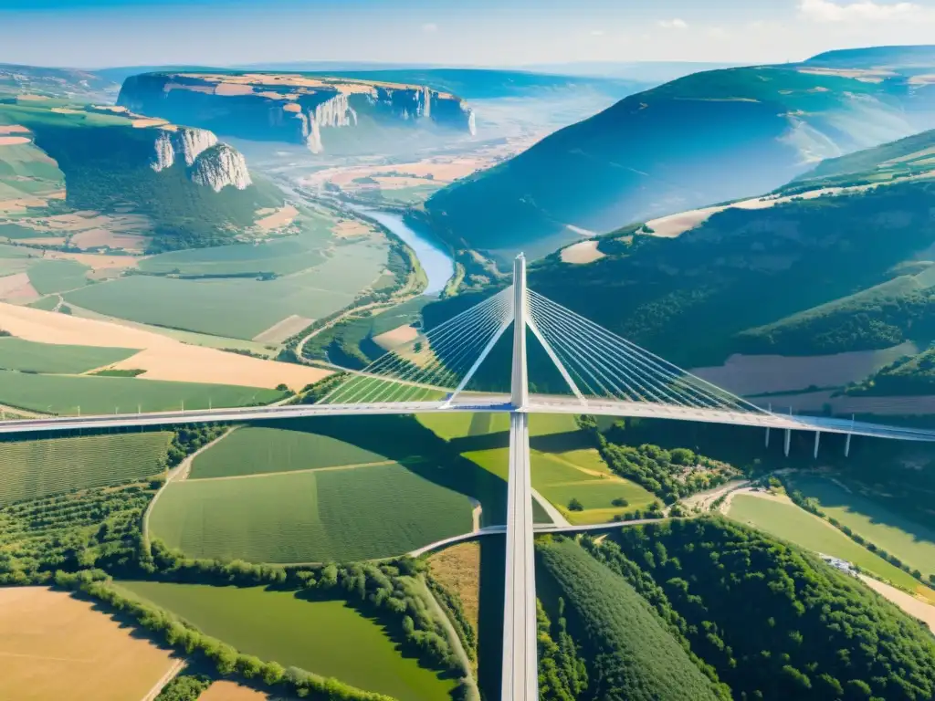 Vista aérea impresionante del Viaducto de Millau, puente emblemático y moderna maravilla de la ingeniería en el valle del Tarn, Francia