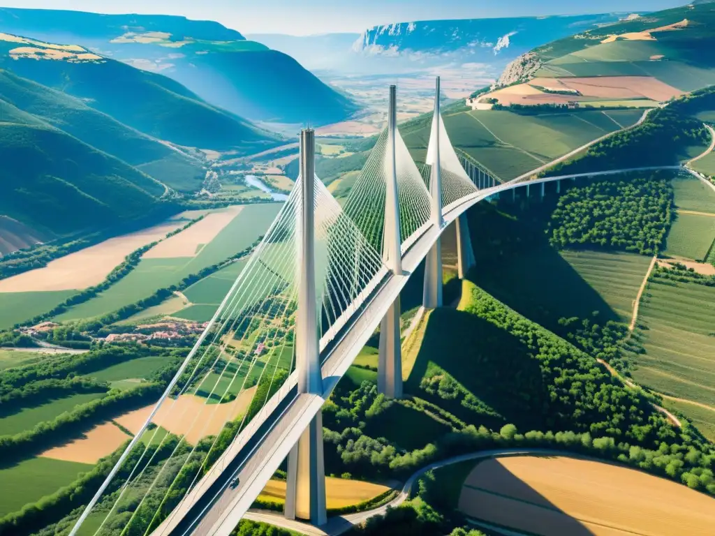 Vista aérea impresionante del Viaducto de Millau en Francia, destacando su diseño moderno y elegante sobre un paisaje de colinas verdes