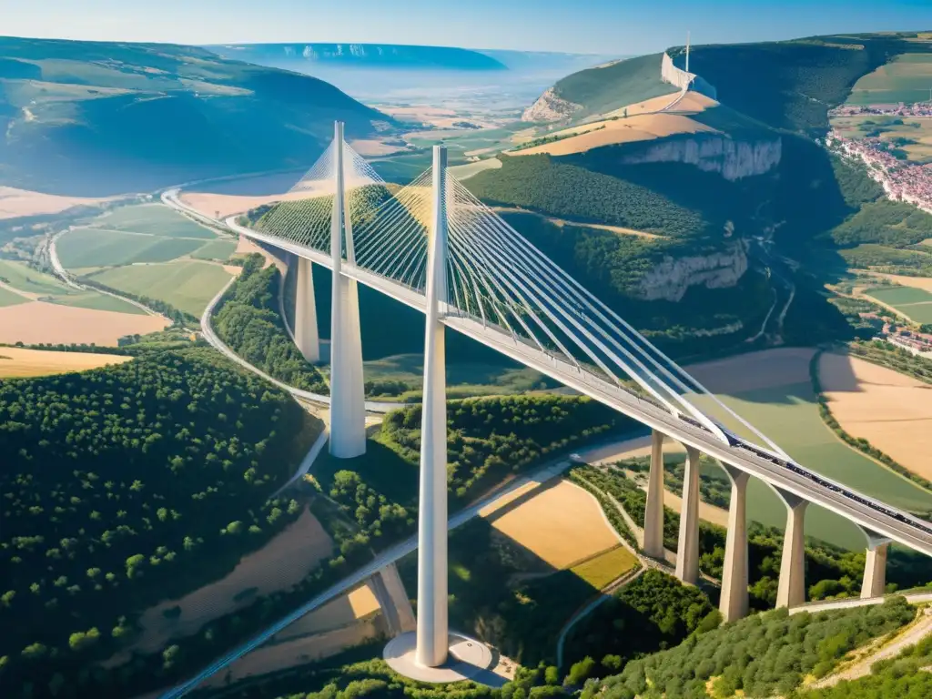 Vista aérea impresionante del Viaducto de Millau, un puente icónico que se integra elegantemente en el paisaje natural