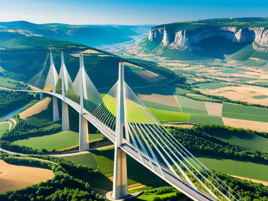 Vista aérea impresionante del Viaducto de Millau en Francia, con su diseño de cables destacado sobre el majestuoso Valle del Tarn