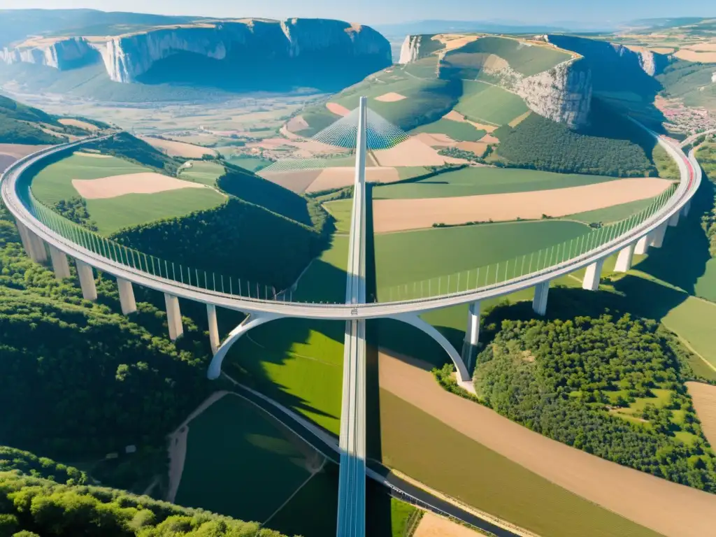 Vista aérea del impresionante Viaducto de Millau en Francia, destacando su elegante ingeniería y su integración armoniosa con el paisaje natural