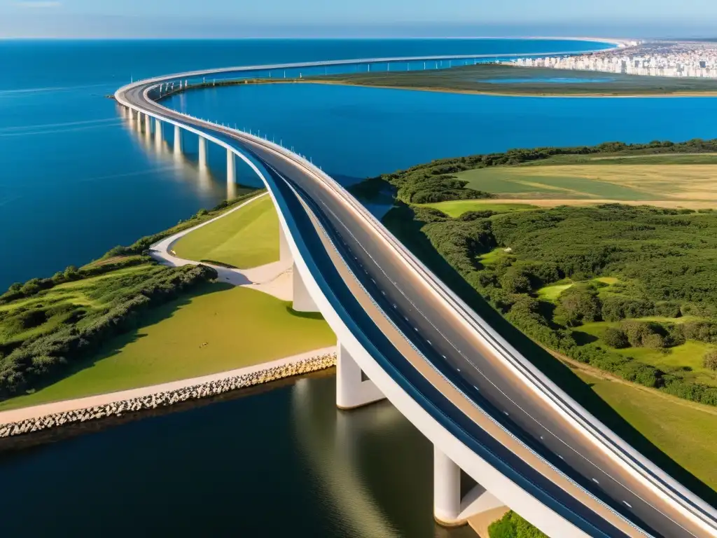 Vista aérea del innovador Puente Laguna Garzón en Uruguay, expresando el legado de Leonardo da Vinci en puentes