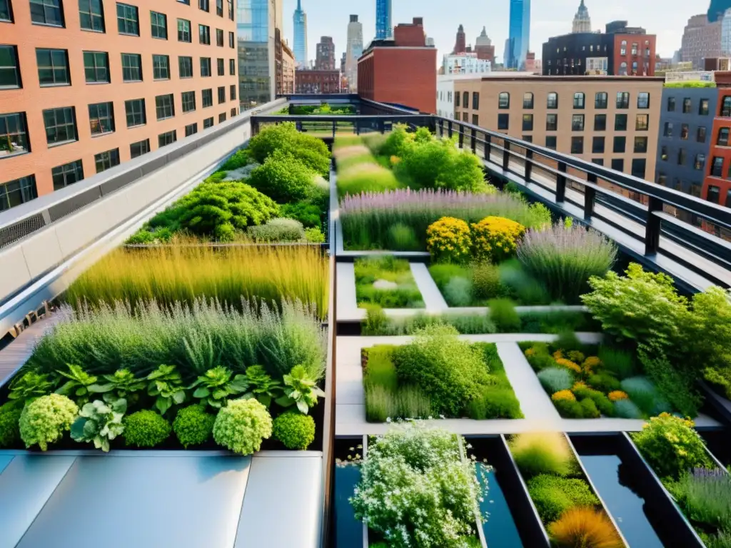 Vista aérea del icónico High Line de Nueva York, integrando armoniosamente naturaleza y arquitectura urbana