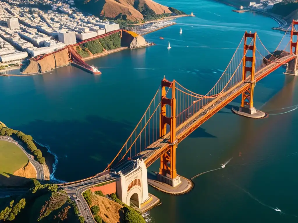 Vista aérea del Puente Golden Gate en San Francisco, bañado por la luz dorada, con la ciudad y la bahía de fondo