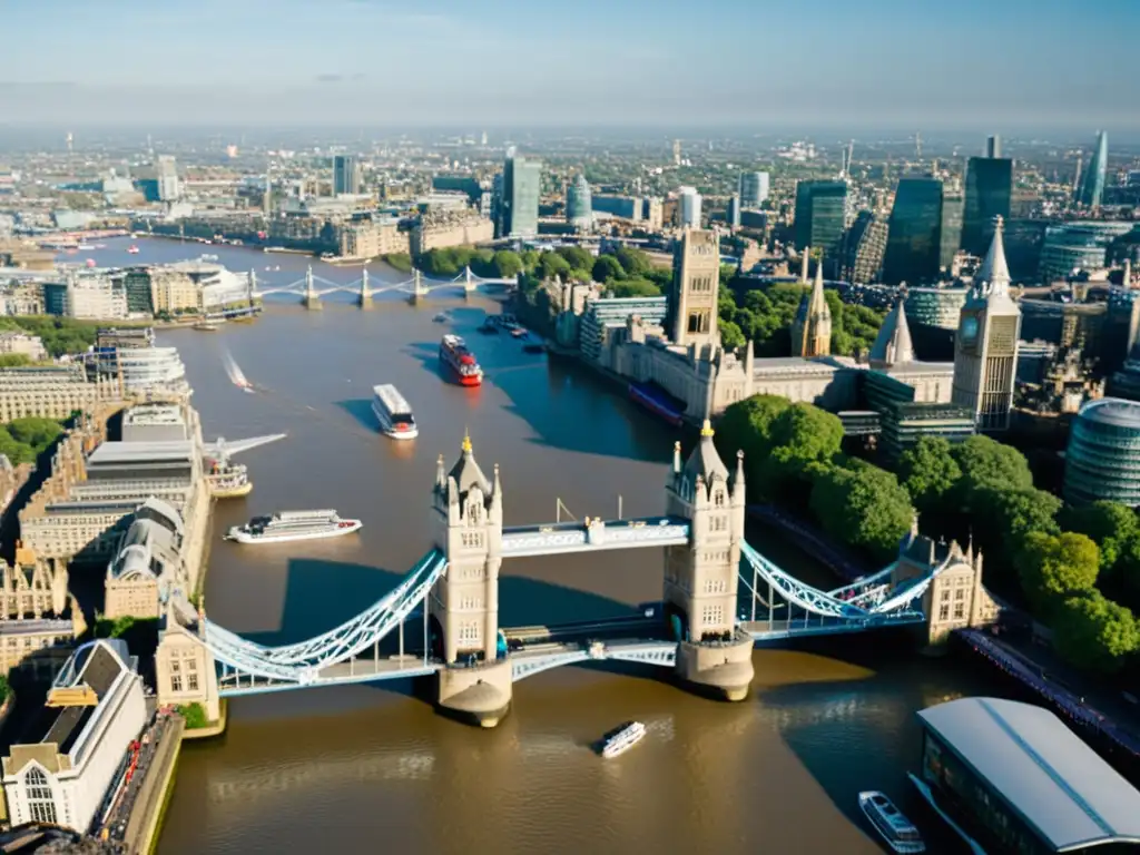 Vista aérea de la majestuosa arquitectura gótica del Puente de la Torre de Londres, resaltando su historia y arquitectura icónica