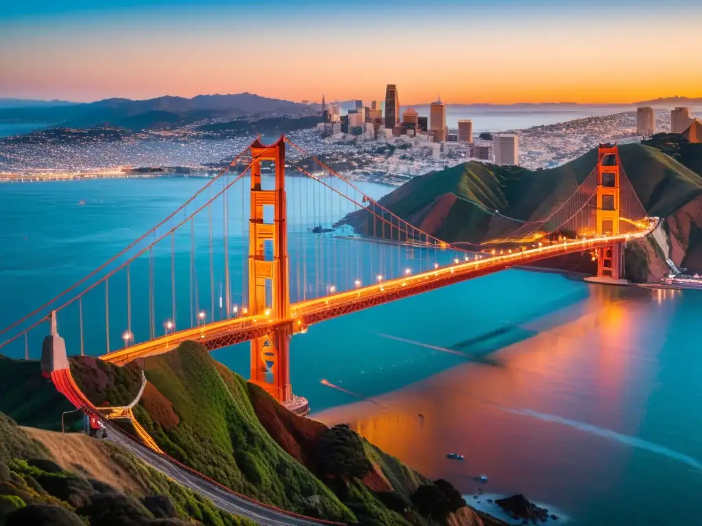 Vista aérea majestuosa del Puente Golden Gate al atardecer, reflejando sus icónicas torres en las tranquilas aguas