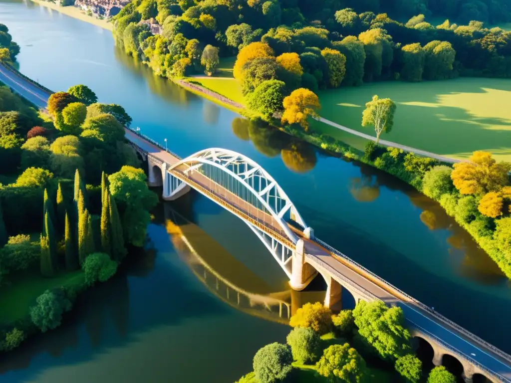 Vista aérea majestuosa de un puente sobre río con luz dorada, capturando detalles arquitectónicos