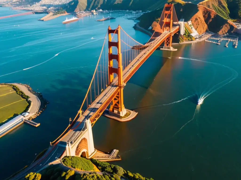 Vista aérea del majestuoso Puente Golden Gate en San Francisco, bañado por la cálida luz dorada del atardecer