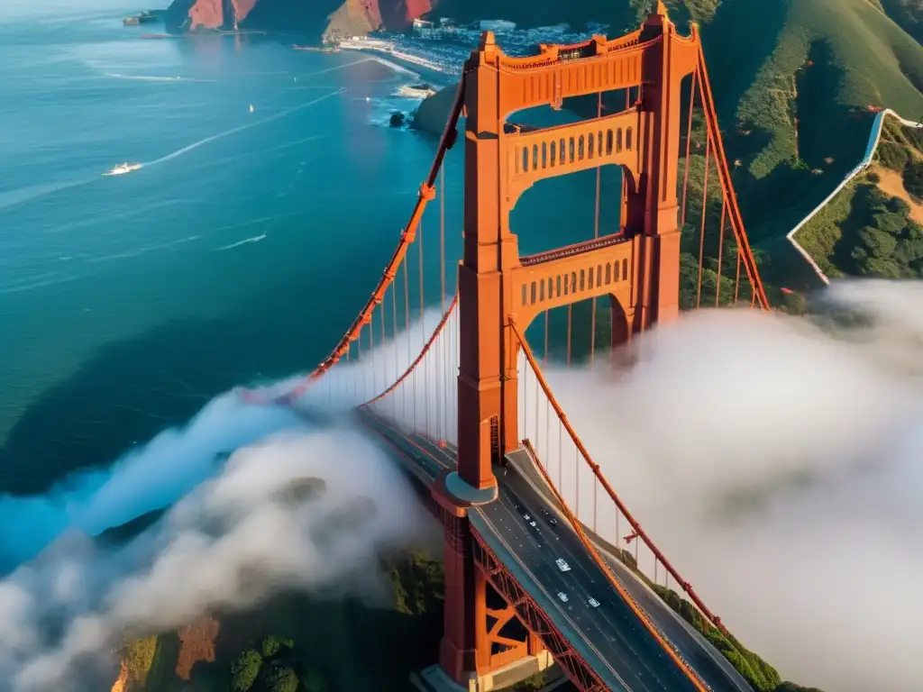 Vista aérea del Puente Golden Gate en San Francisco, emergiendo majestuoso entre la niebla, capturando su icónica estructura roja y el paisaje urbano