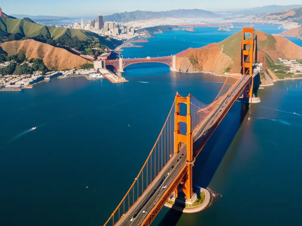 Vista aérea del majestuoso Puente Golden Gate, con paisaje urbano y colinas alrededor