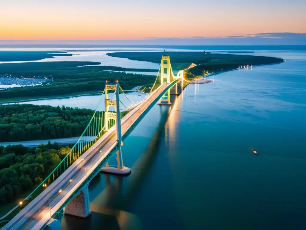 Vista aérea del majestuoso puente Mackinac sobre las aguas tranquilas, resaltando la historia y arquitectura del puente