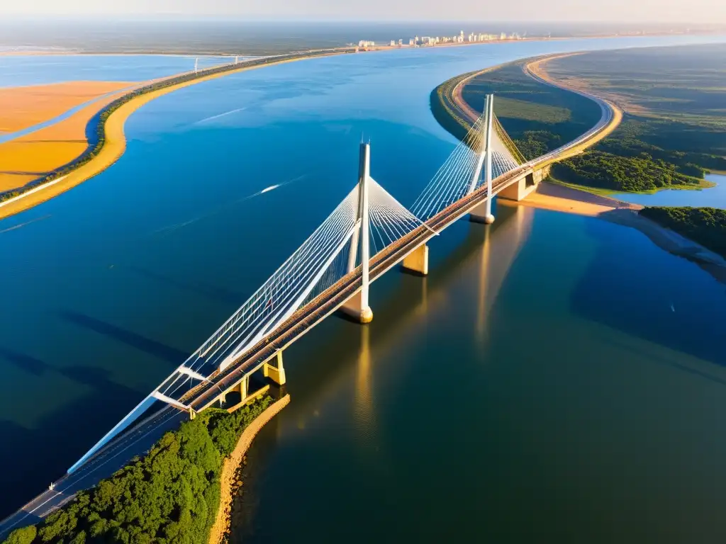 Vista aérea del majestuoso Puente Vasco da Gama, integrado armoniosamente en el paisaje del Estuario del Tajo al atardecer