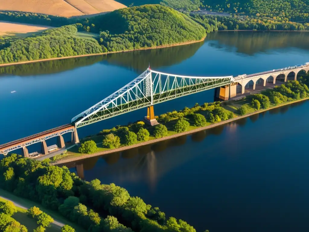 Vista aérea del majestuoso puente Arrigoni en Connecticut, bañado por la cálida luz del atardecer y rodeado de exuberante paisaje otoñal