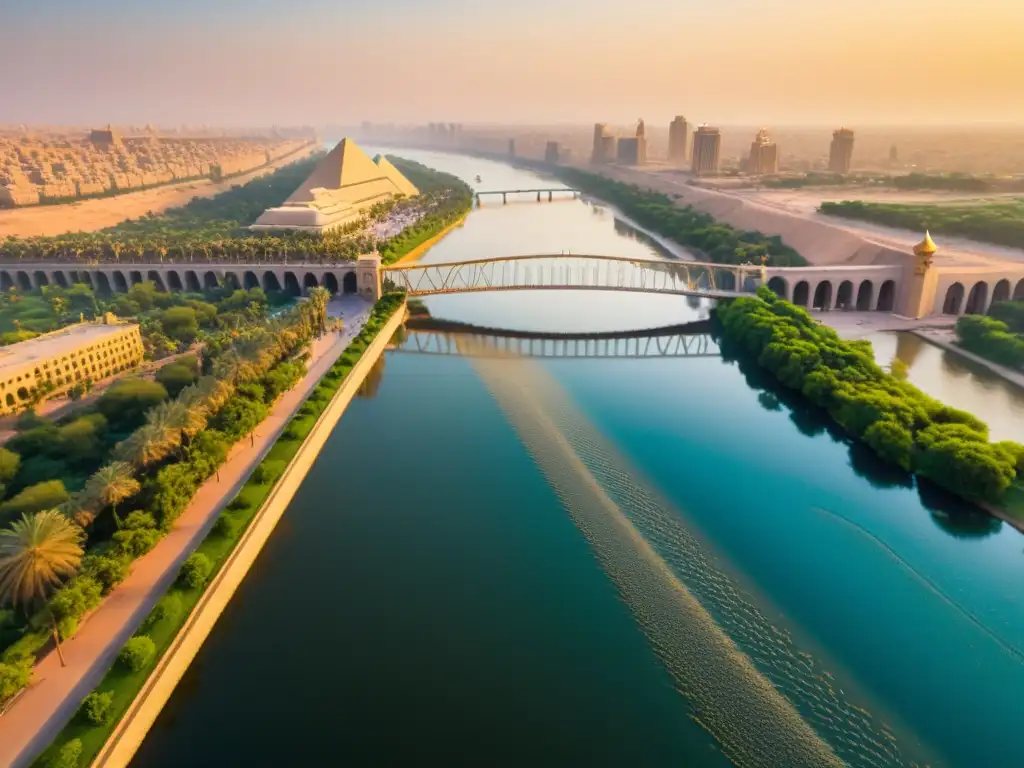 Vista aérea del majestuoso Puente Qasr alNil sobre el Nilo al atardecer, resaltando su diseño arquitectónico e historia en Egipto