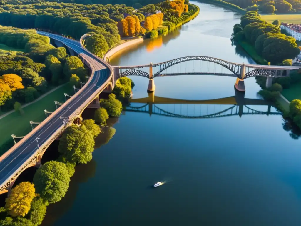 Vista aérea de un majestuoso puente sobre un río tranquilo al atardecer