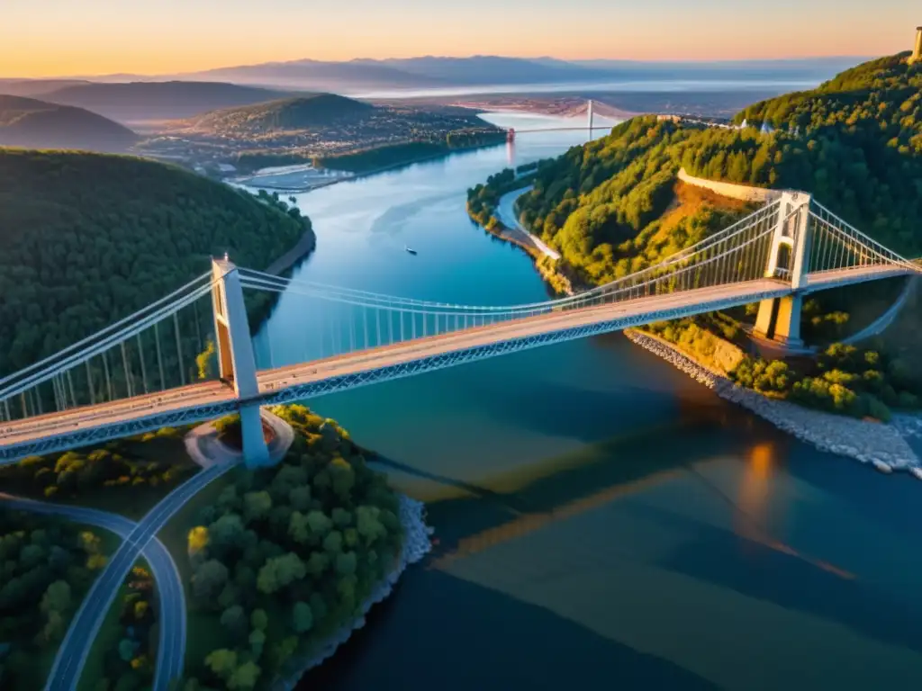 Vista aérea de un majestuoso puente colgante al atardecer, destacando su diseño avanzado y la belleza de sus cables, torres y carreteras