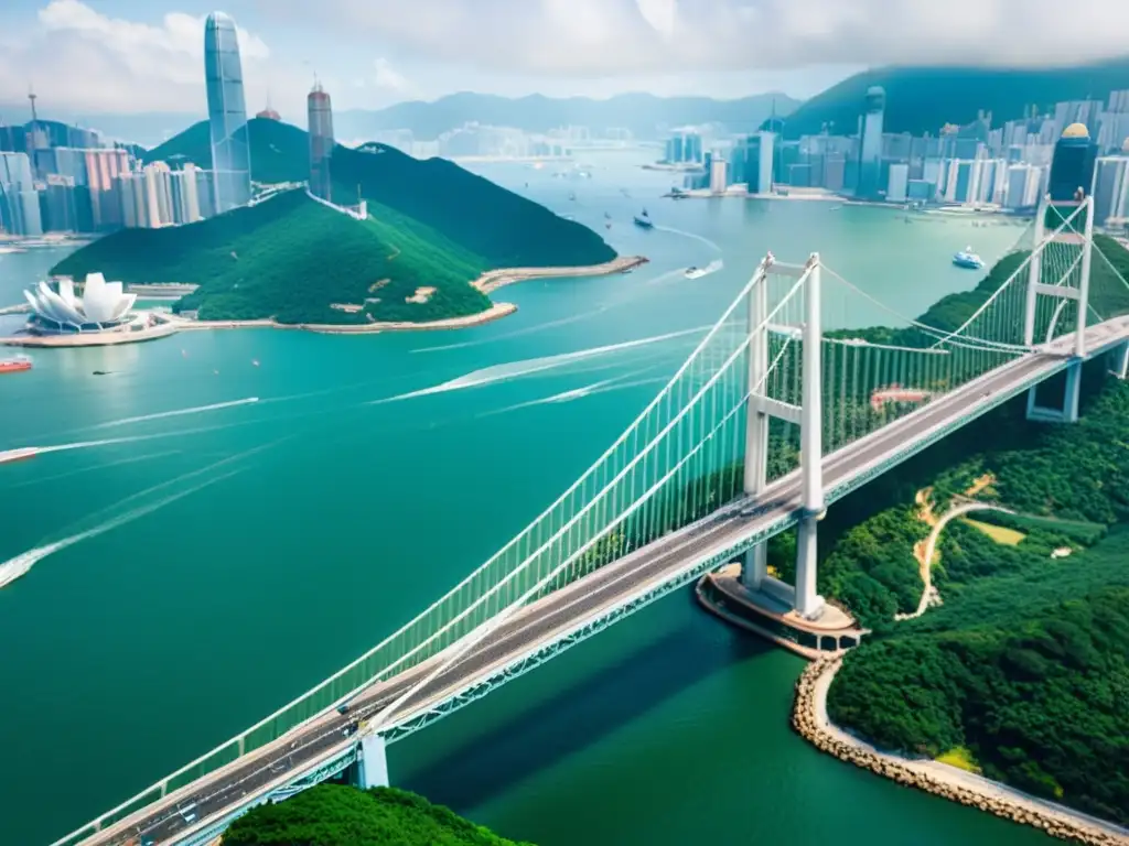 Vista aérea del majestuoso Puente de Tsing Ma en Hong Kong, con su intrincada arquitectura y la imponente ciudad de fondo