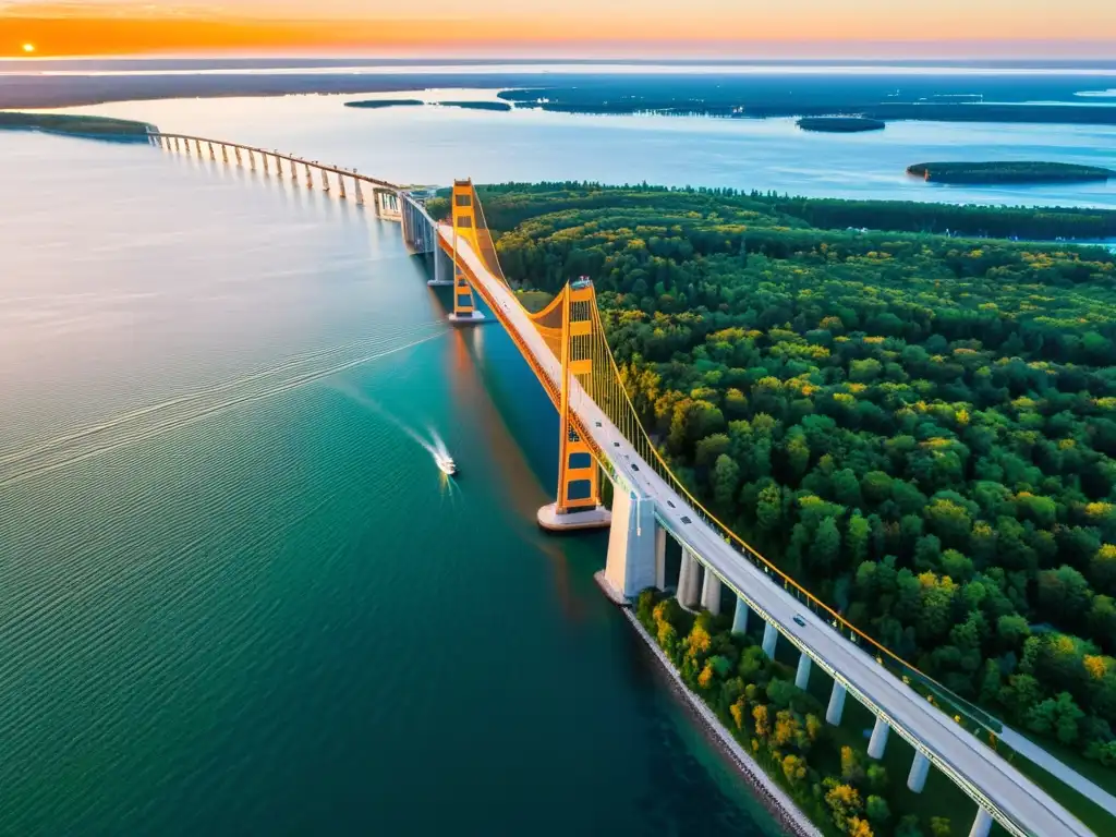 Vista aérea del majestuoso Puente de Mackinac sobre aguas azules al atardecer, destacando la ingeniería del puente