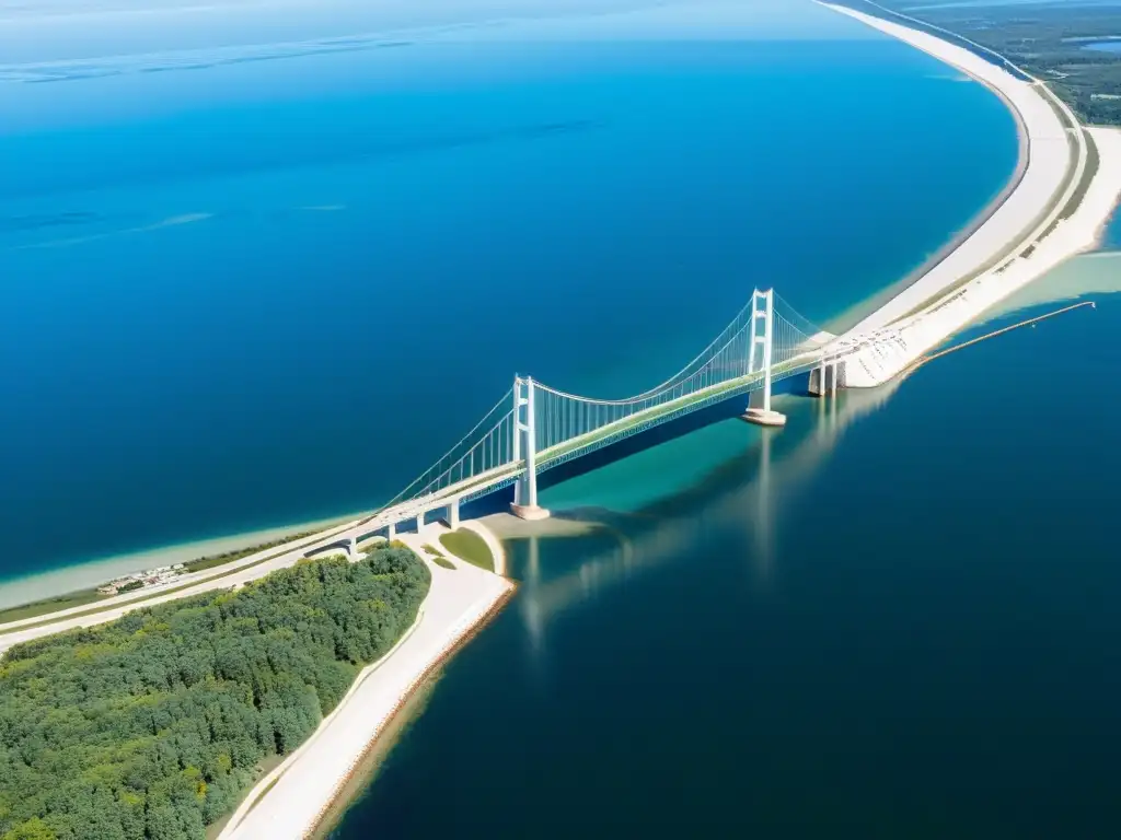 Vista aérea del majestuoso Puente de Mackinac sobre aguas azules, reflejando historia y arquitectura en paisaje natural