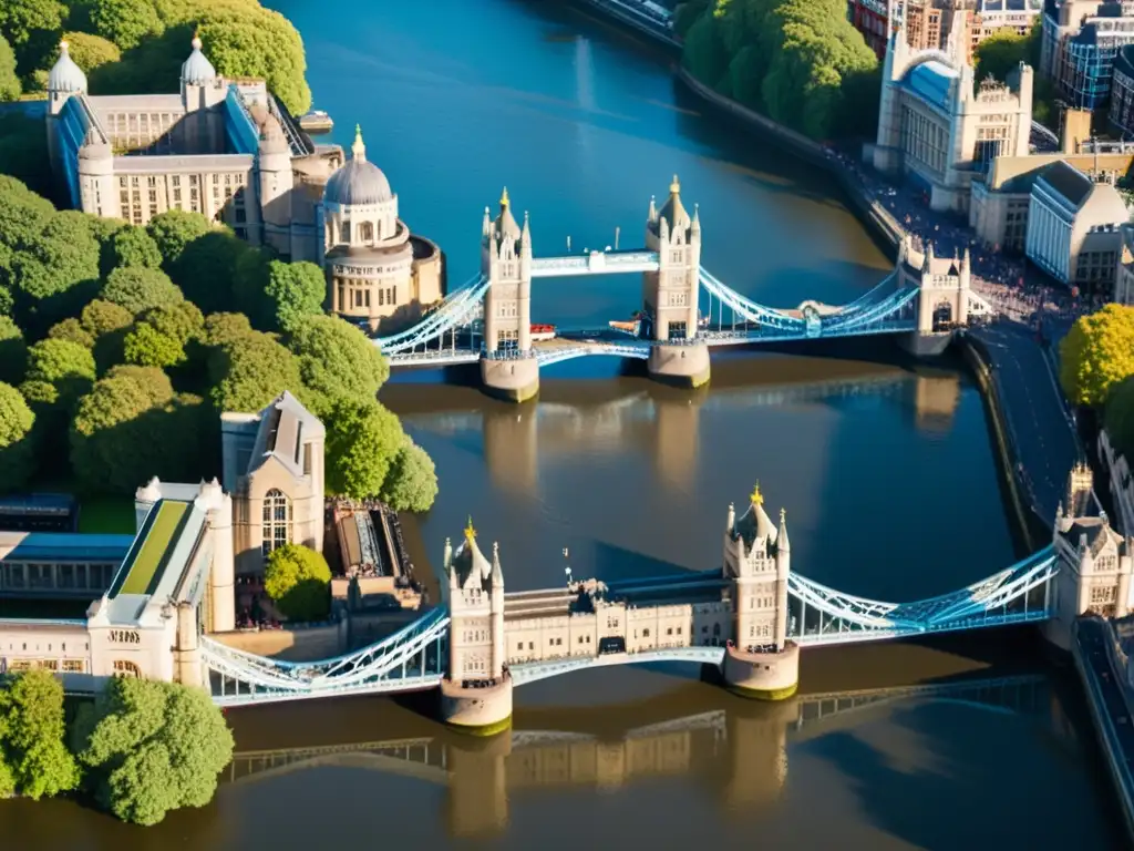 Vista aérea del majestuoso Puente de la Torre de Londres resaltando su arquitectura gótica victoriana, con el río Támesis flu yendo debajo