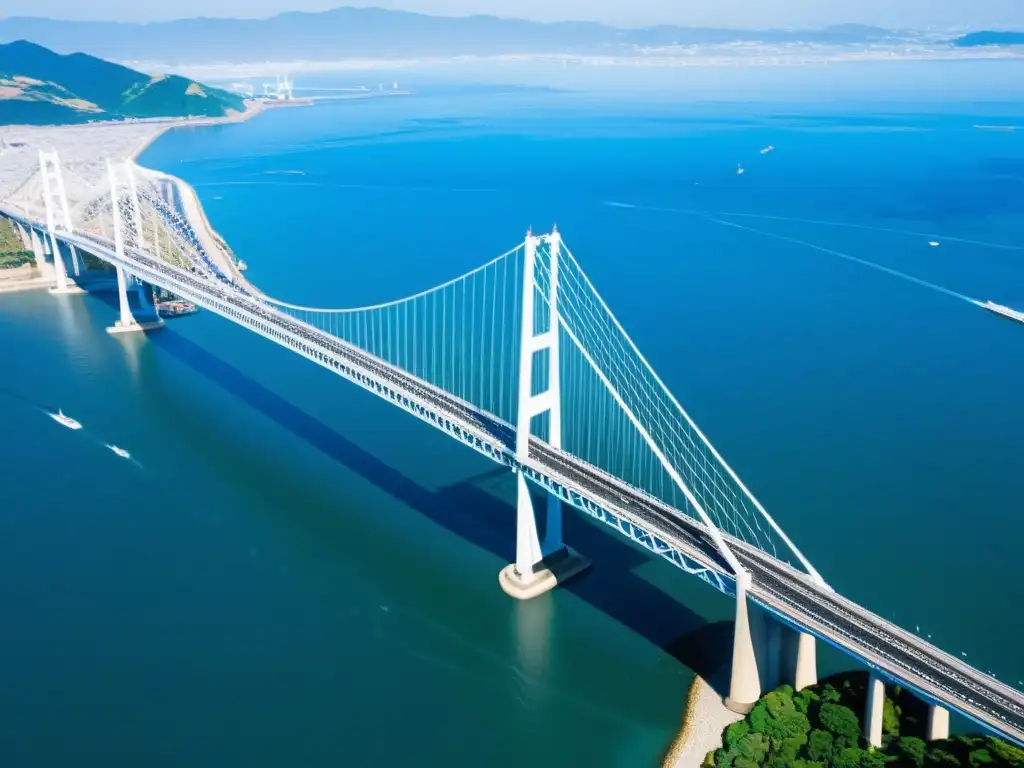 Vista aérea del majestuoso Puente Akashi Kaikyo, resaltando la ingeniería detrás de su diseño intrincado y elegante, con sus imponentes torres principales alcanzando el cielo y su extenso tramo sobre las aguas azules