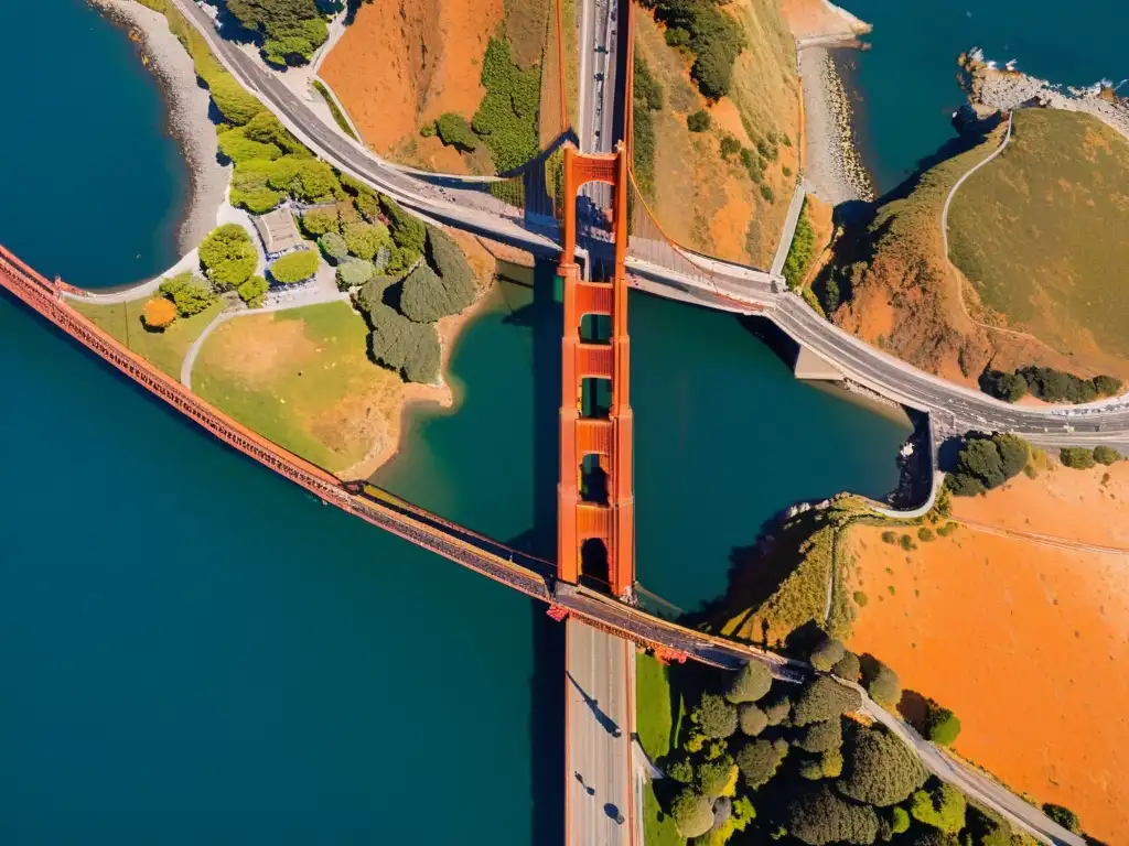 Vista aérea del majestuoso Puente Golden Gate, con su red de accesos y paisaje circundante