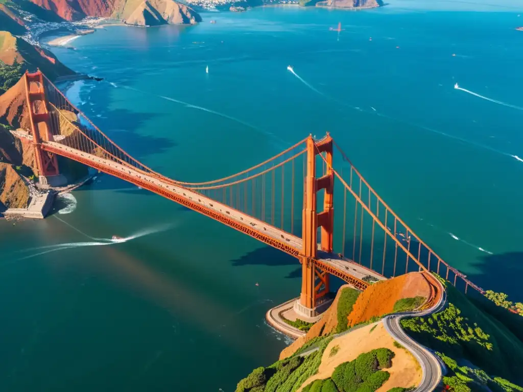 Vista aérea del majestuoso Puente Golden Gate en San Francisco, con sus torres rojo anaranjadas y la belleza natural circundante