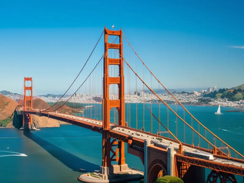 Vista aérea del majestuoso Puente Golden Gate en San Francisco, con sus torres rojo anaranjadas destacando sobre el horizonte de la ciudad