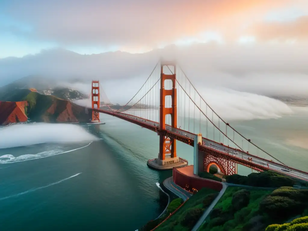 Vista aérea del Puente Golden Gate en San Francisco en una mañana brumosa, resaltando su grandiosidad y la importancia de la ingeniería civil