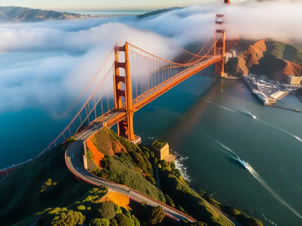 Vista aérea del Puente Golden Gate en San Francisco, con el mar y la ciudad al fondo