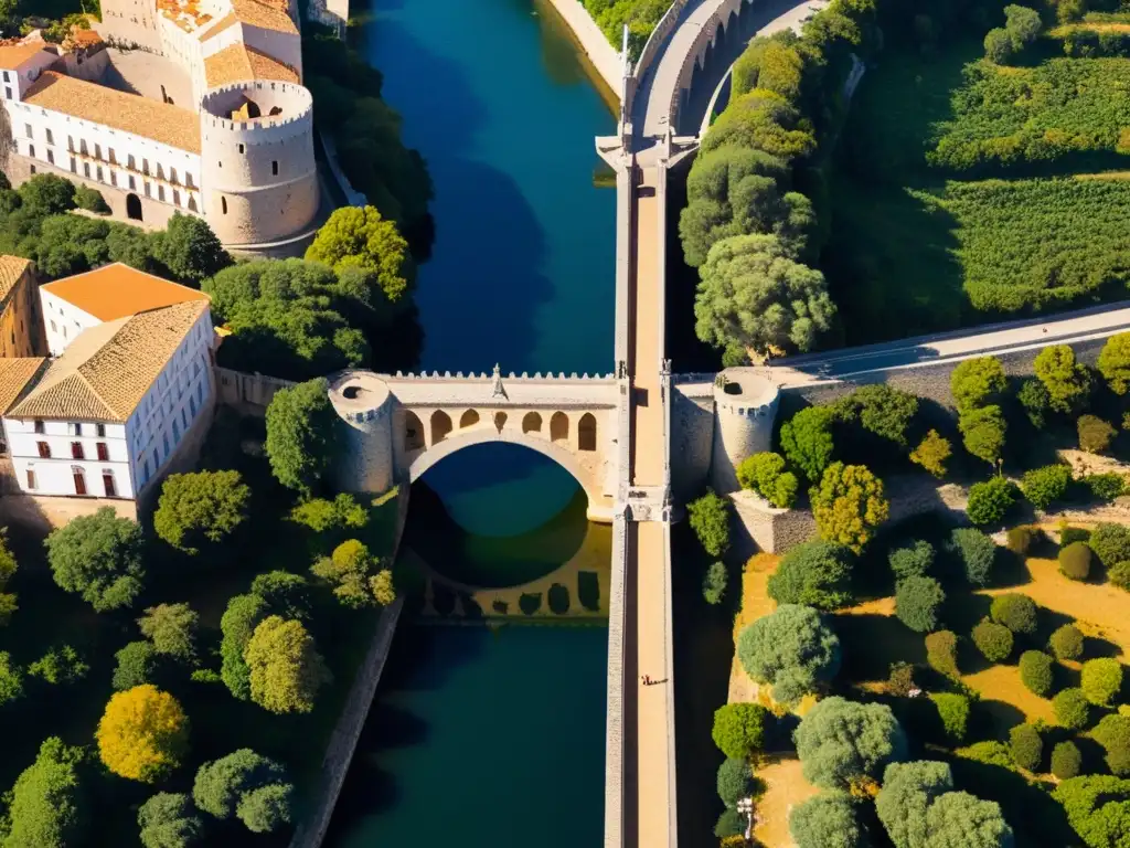 Vista aérea de la construcción medieval del Puente del Espíritu Santo, resaltando sus arcos y detalles arquitectónicos en un entorno histórico