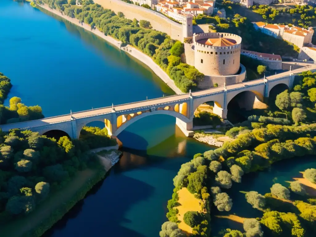 Vista aérea de la construcción medieval del Puente del Espíritu Santo, con detalles arquitectónicos y paisaje natural