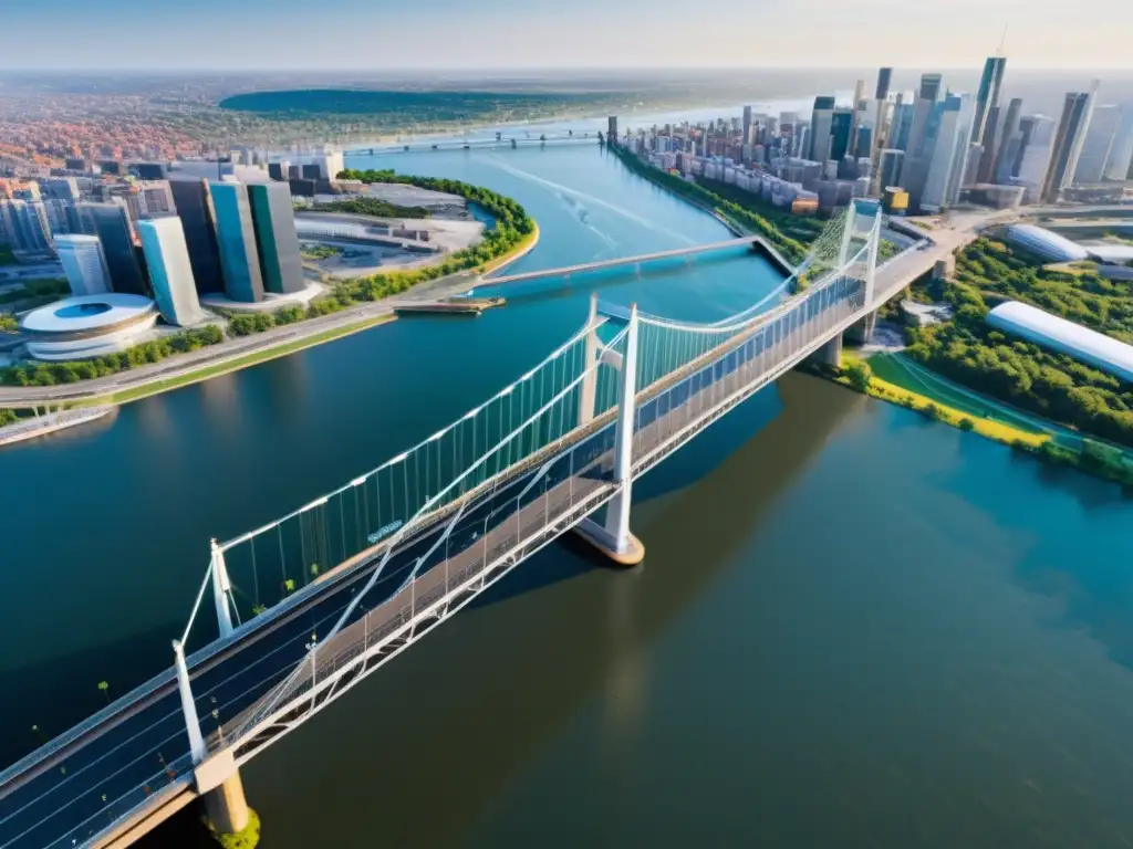 Vista aérea de un moderno puente urbano, destacando su integración de tecnología y sensores