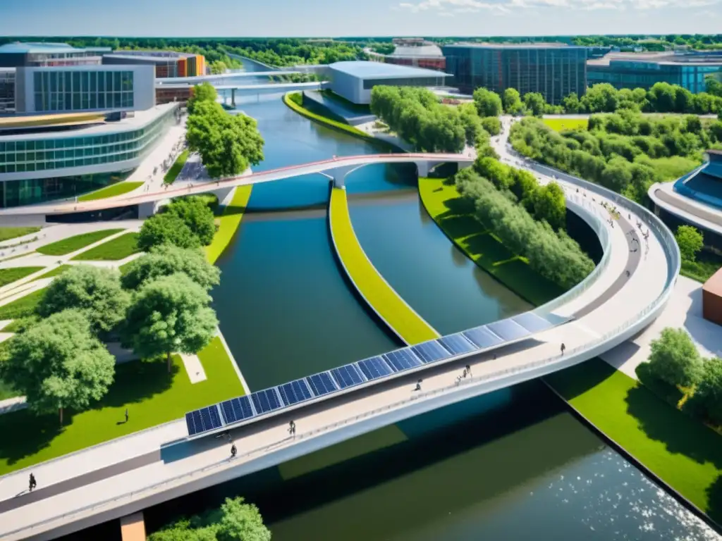 Vista aérea de un moderno puente peatonal inteligente y sostenible sobre un río urbano, con diseño innovador y energía limpia