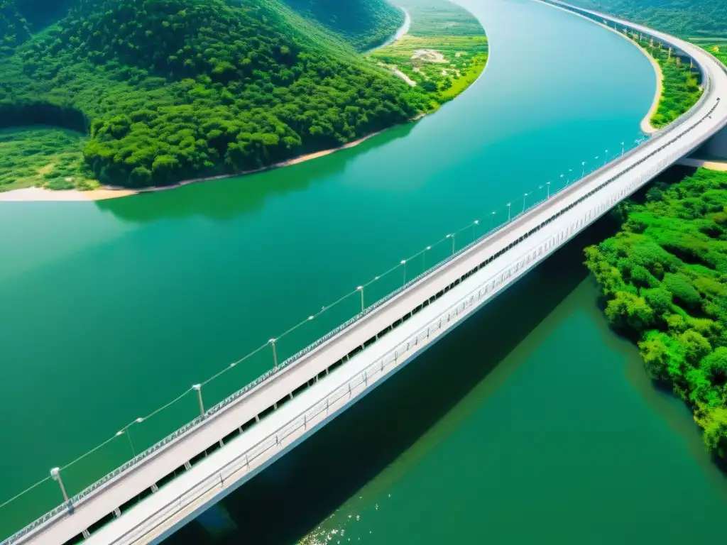 Vista aérea de un moderno puente inteligente sobre un río, integrando tecnología en gestión de recursos hídricos y armonía con el entorno natural