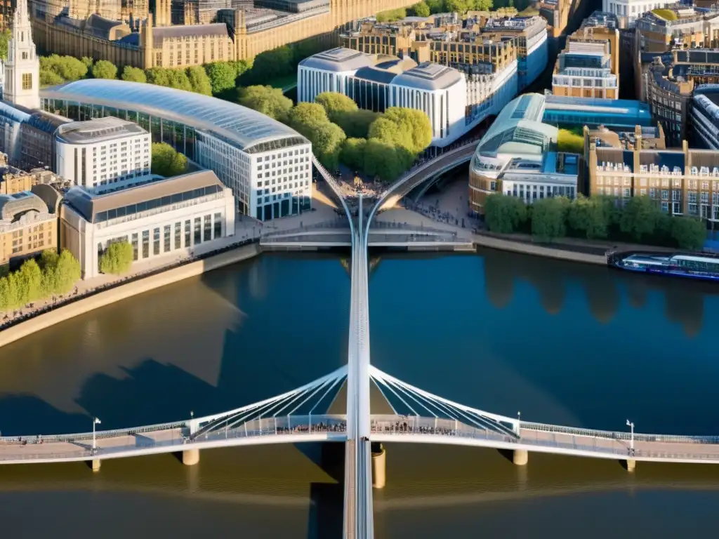 Vista aérea del moderno Puente del Milenio en Londres, destacando su elegante diseño y fusión con el paisaje urbano