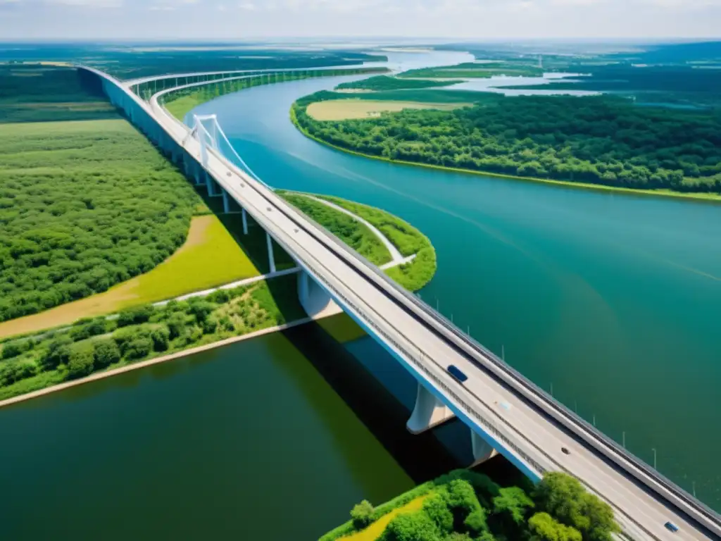 Vista aérea de un moderno puente con diseño sostenible, integrado en armonía con la naturaleza