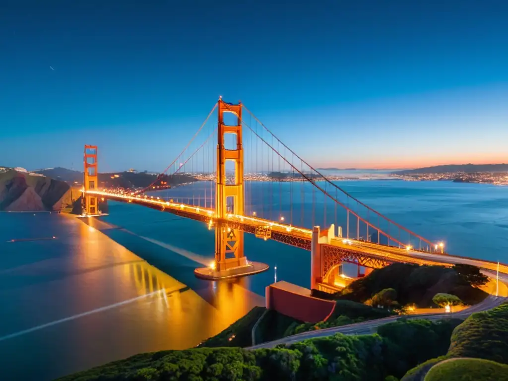 Vista aérea nocturna del Puente Golden Gate iluminado con luces LED ecológicas, resaltando su arquitectura y la iluminación amigable medio ambiente puentes