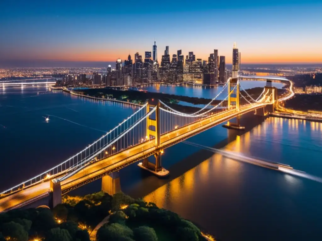 Vista aérea nocturna de un puente icónico con luces vibrantes de la ciudad