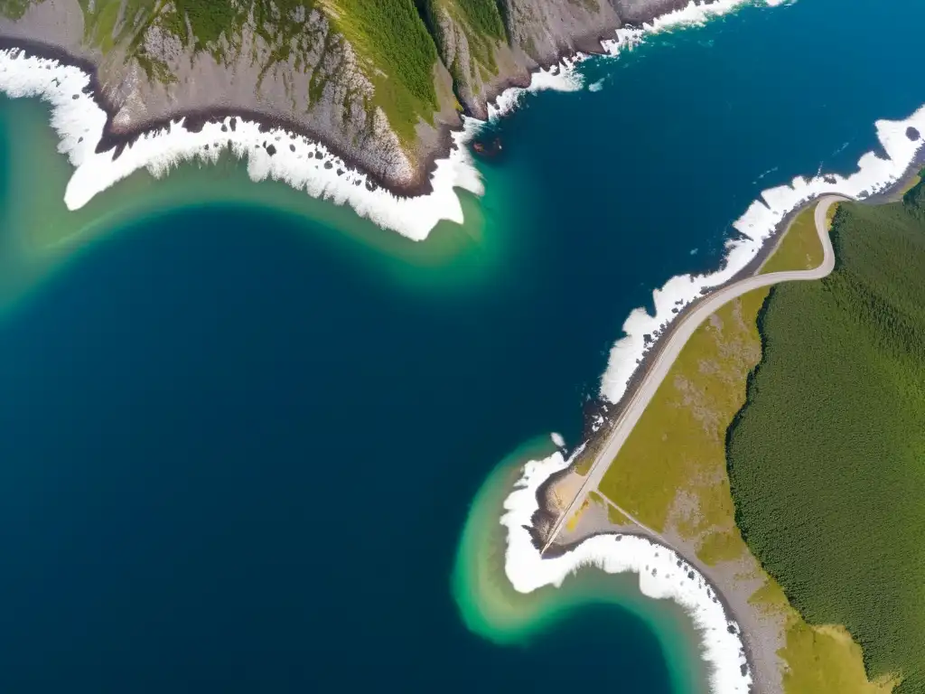 Vista aérea del potencial Puente sobre el Estrecho de Bering, con aguas cristalinas, la costa rusa y la belleza salvaje de Alaska