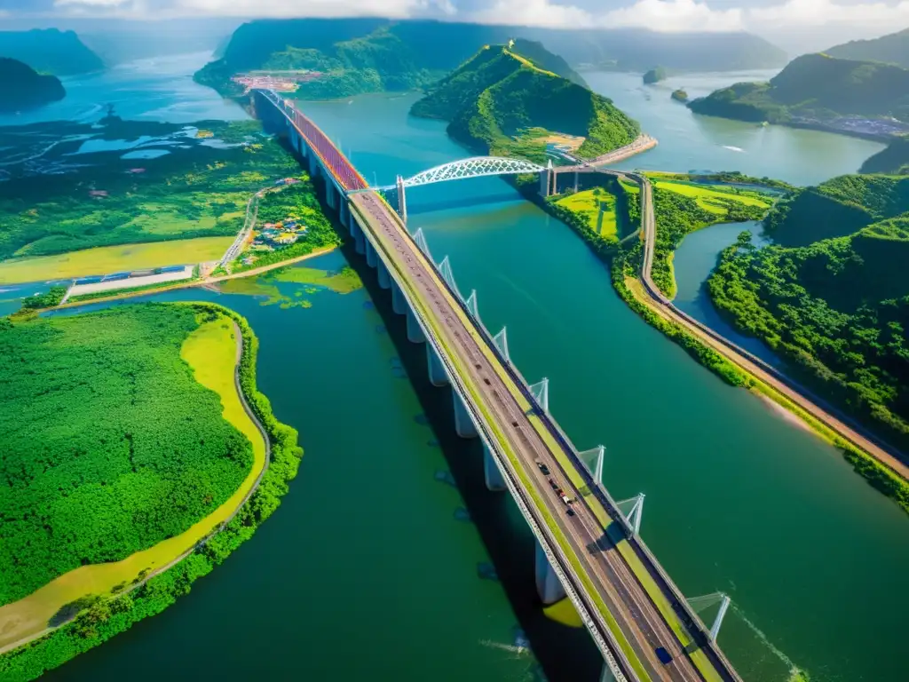 Vista aérea en 8k del Puente de las Américas sobre el Canal de Panamá