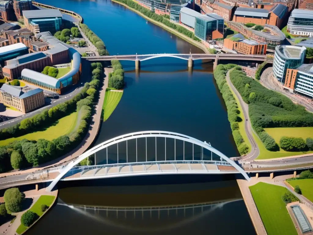 Vista aérea del Puente Gateshead con su arquitectura innovadora y mecanismo de inclinación en acción, destacando su impacto en el entorno urbano