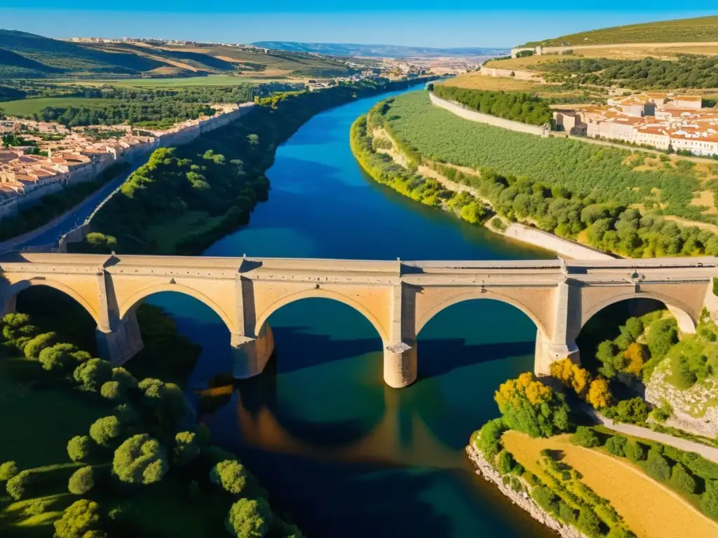 Vista aérea en 8k del Puente de Alcántara, resaltando su arquitectura histórica y el paisaje