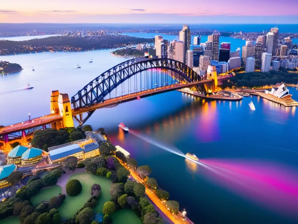 Vista aérea del Puente de la Bahía de Sídney al atardecer con colores vibrantes, reflejándose en las tranquilas aguas de la bahía