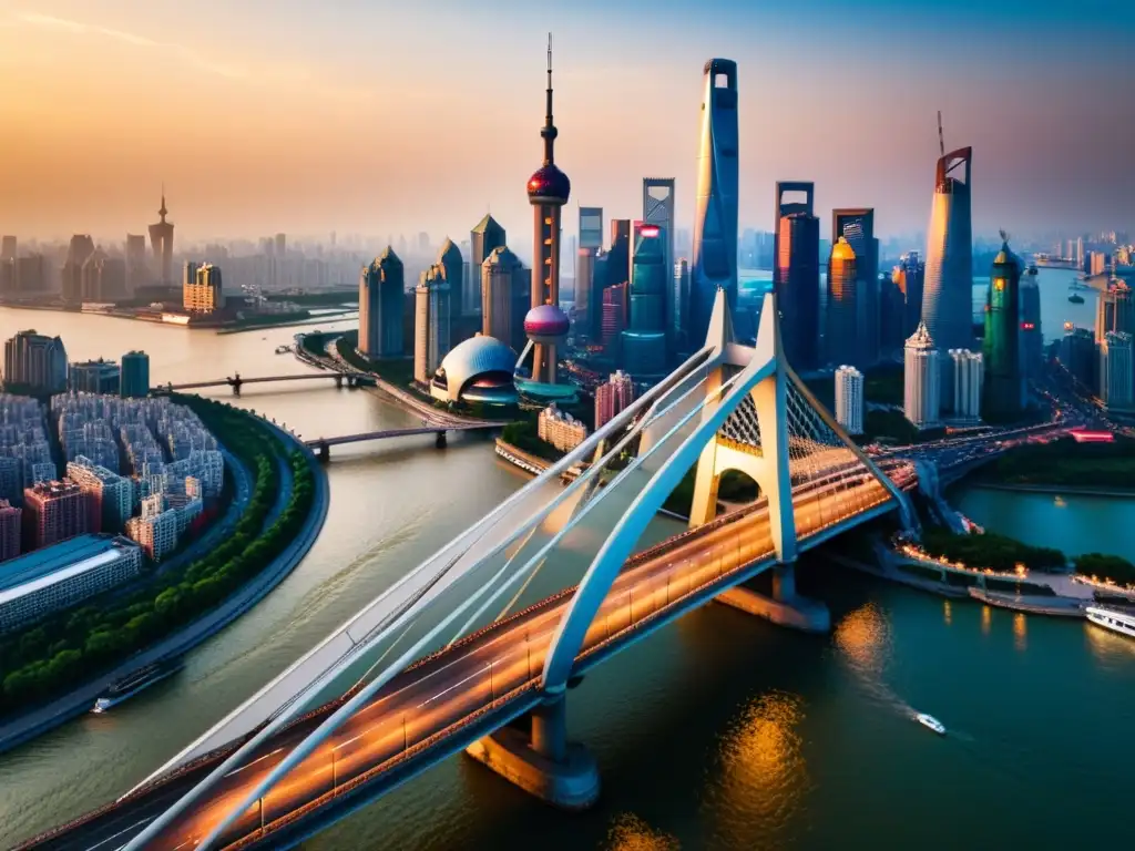 Vista aérea del Puente Lupu de Shanghái al atardecer, destacando su estructura de acero y el horizonte urbano de la ciudad