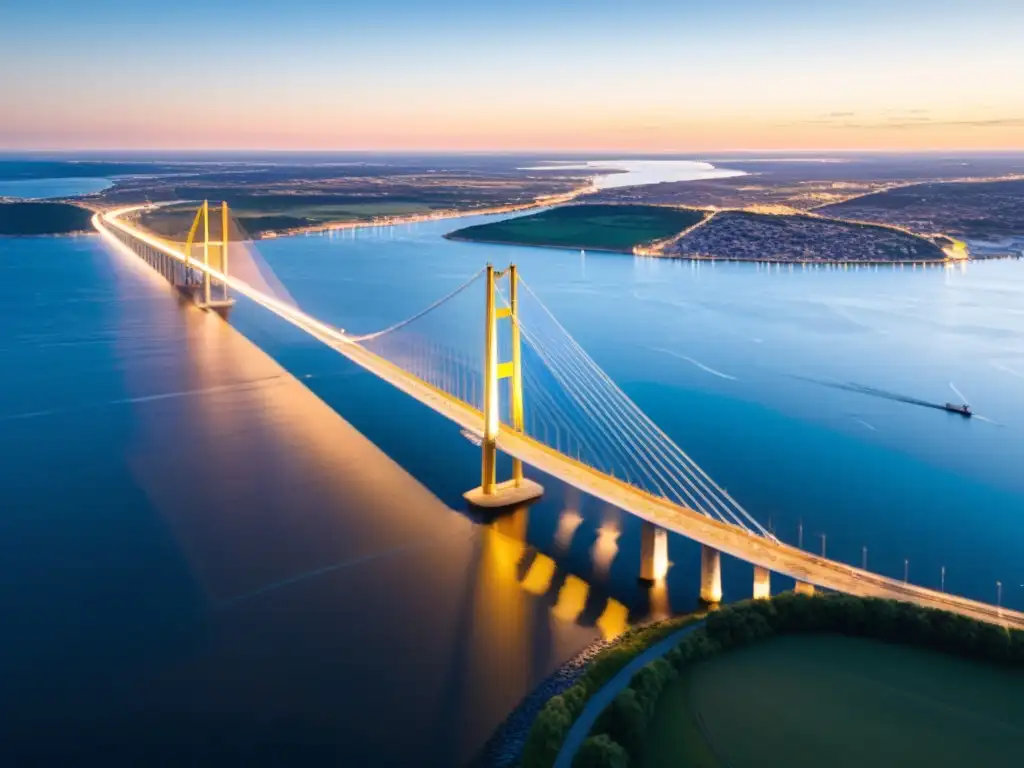 Puente de Øresund: majestuosa unión entre países Vista aérea del Puente de Oresund al atardecer, conectando dos países con su impresionante arquitectura y belleza natural