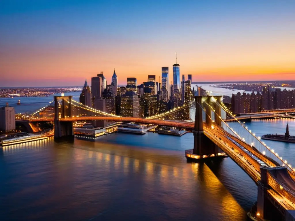 Vista aérea del Puente de Brooklyn al atardecer, reflejándose en el río con influencia cultural puentes impresionantes